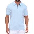 thumbnail image 1 of Men's Textured Polo Shirt Zip Up Ribbed Hem Short Sleeve Golf Polo Shirts L Light Blue, 1 of 6