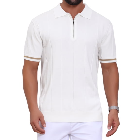 Men's Textured Polo Shirt Zip Up Ribbed Hem Short Sleeve Golf Polo Shirts M White
