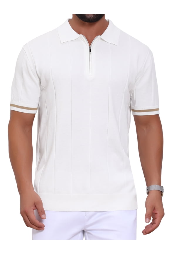 Edition Men's Textured Polo Shirt Zip Up Ribbed Hem Short Sleeve Golf Polo Shirts M White