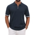 thumbnail image 1 of Men's Textured Polo Shirt Zip Up Ribbed Hem Short Sleeve Golf Polo Shirts S Navy Blue, 1 of 5