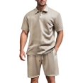 thumbnail image 1 of Men's Textured Short Sleeve Collared Shirt & Shorts Set Khaki S, 1 of 9