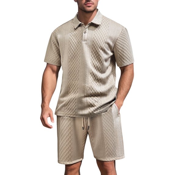 Men's Textured Short Sleeve Collared Shirt & Shorts Set Khaki S