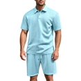 thumbnail image 1 of Men's Textured Short Sleeve Collared Shirt & Shorts Set Light Blue XL, 1 of 6