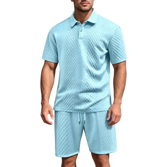 Men's Textured Short Sleeve Collared Shirt & Shorts Set Light Blue XL