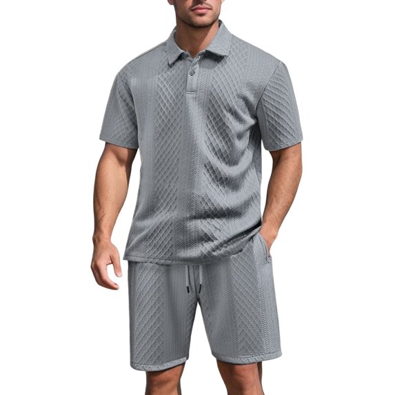 Men's Textured Short Sleeve Collared Shirt & Shorts Set Light Gray S