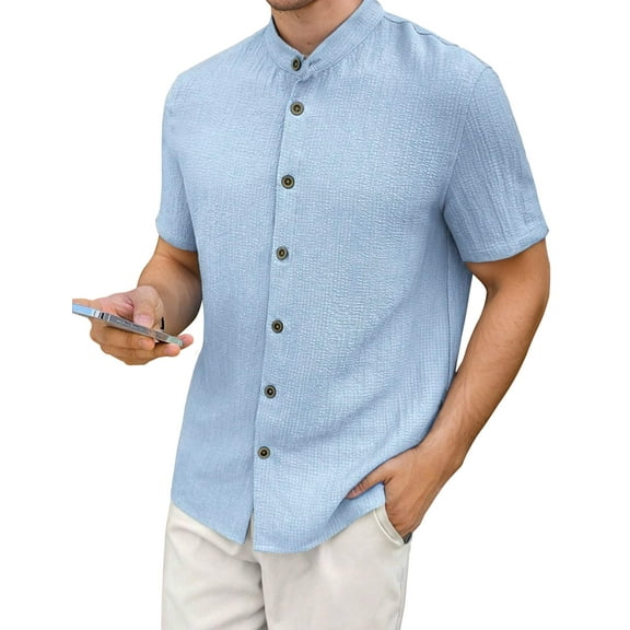 Men's Textured Short - Sleeve Shirt: 96% Polyester - 4% Spandex, Mandarin Collar for Casual & Outdoor Styles