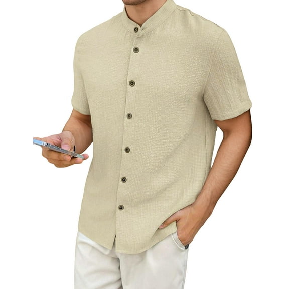 Men's Textured Short - Sleeve Shirt: 96% Polyester - 4% Spandex, Mandarin Collar for Casual & Outdoor Styles