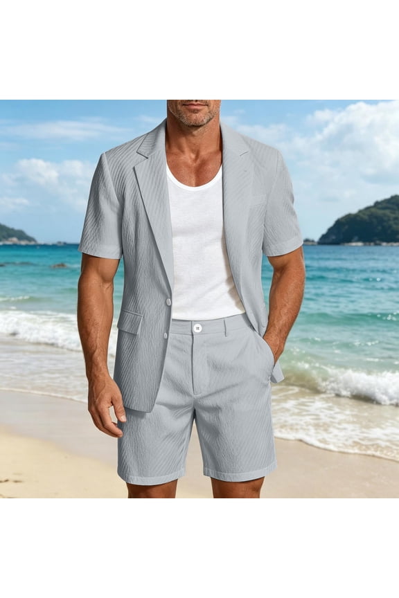 Men's Textured Short Sleeve Suit Set - Lightweight Casual-Business Blazer & Pants