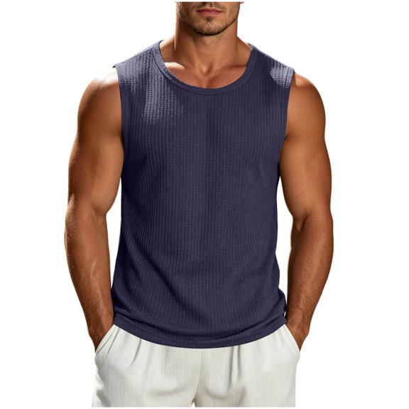 Men's Textured Tank Tops Waffle Knit Crewneck Sleeveless Workout T Shirt Muscle Gym Fitness Tee Navy