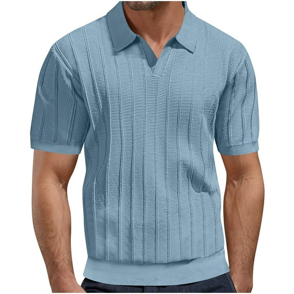Men's Textured V-Neck Knit Polo Shirt Hollow-Out Short Sleeve Summer Athletic-Casual Top