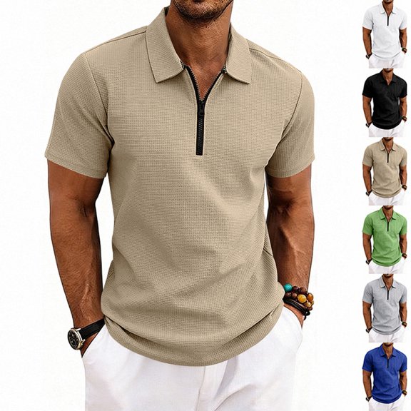 Men's Textured Waffle Knit Polos with Half Zip Collar and Slim Fit Featuring Breathable Fabric for Golf Courses Weekend Gatherings Dark Gray S