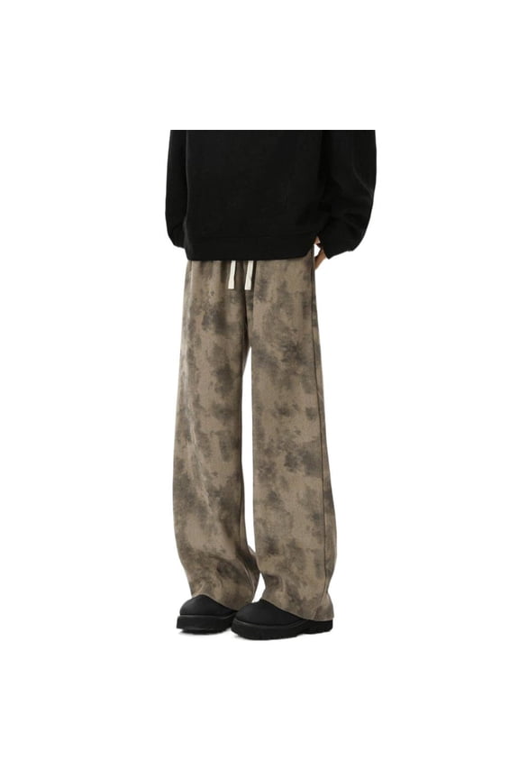 Men's Textured Wide-Leg Pants - Drawstring Waist for Streetwear & Casual Outfits Light Brown XL