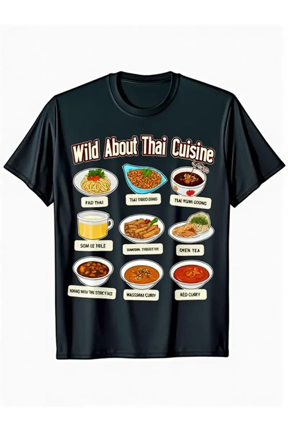 Men's Thai Cuisine Graphic T-Shirt - Black Tee with Pad Thai, Tom Yum Goong, Som Tam - "Wild About Thai Cuisine" Design - Soft Everyday Shirt for Thai Food Lovers & Chef Gifts