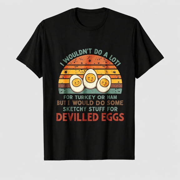 Men's Thanksgiving Deviled Eggs Retro Funny T-Shirt, 100% Cotton Short Sleeve Casual Shirt