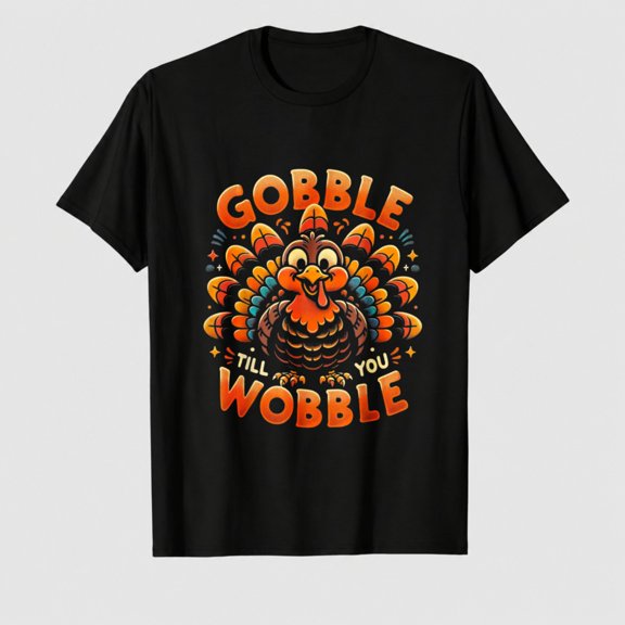 Men's Thanksgiving Gobble Til You Wobble T-Shirt, 100% Cotton Short Sleeve Shirt