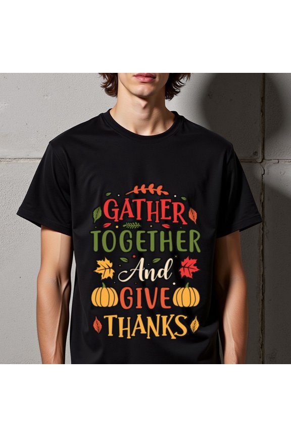Men's Thanksgiving T-Shirt - Black Gather Together & Give Thanks Fall Harvest Design with Pumpkins & Leaves - Heavyweight 180gsm Cotton Crew Neck Shirt for Tha