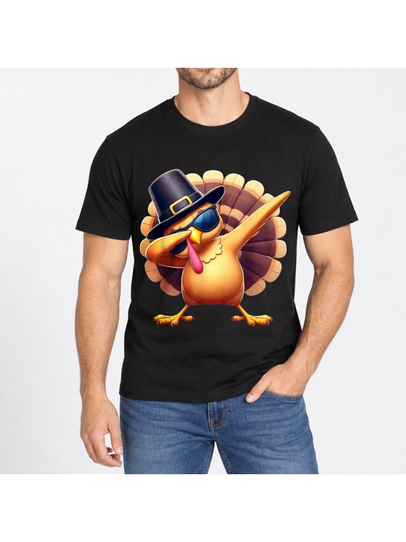 Men's Thanksgiving T-Shirt, Dabbing Turkey with Sunglasses,Short-sleeved top for autumn