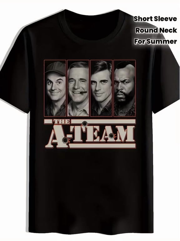 Men's The A Team Print Short Sleeve Black Casual Round Neck Celebration Style With Classic Appeal Graphic T-Shirt, Size S-5XL