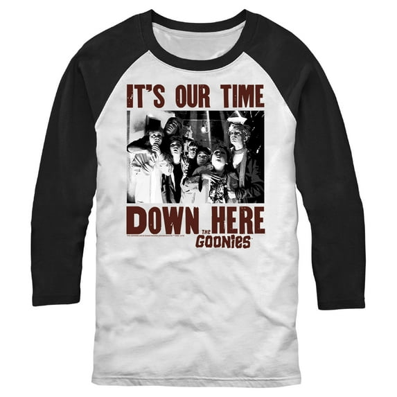 Men's The Goonies It's Our Time Down Here Baseball Graphic Tee White/Black Large