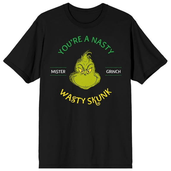 The Grinch You're a Nasty Wasty Skunk Mister Grinch Grinch's Smiling Face on Black Short Sleeve Adult T-Shirt-Medium