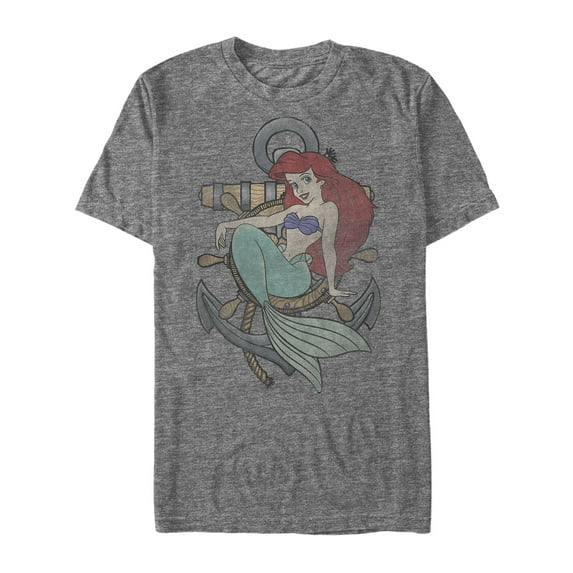 Men's The Little Mermaid Ariel Ship Anchor Graphic Tee Charcoal Heather 3X Large