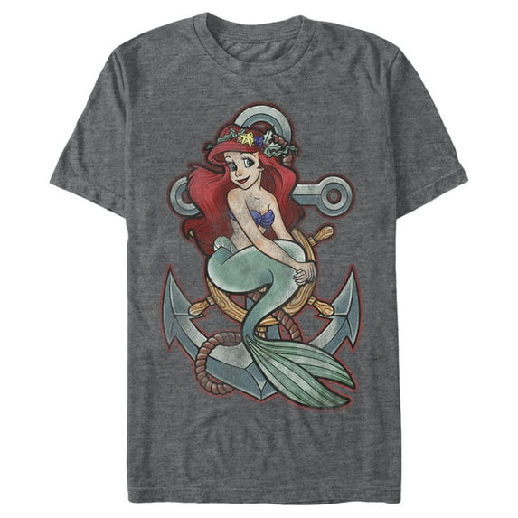 Men's The Little Mermaid Ariel Vintage Anchor  Graphic Tee Charcoal Heather Large