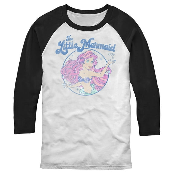 Men's The Little Mermaid Distressed Title and Ariel Baseball Graphic Tee White/Black Large