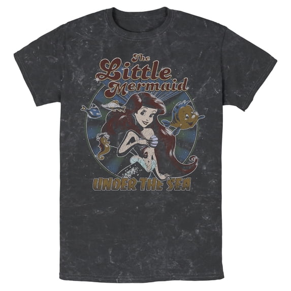 Men's The Little Mermaid Under Sea Grunge Graphic Tee Black Mineral Wash Medium
