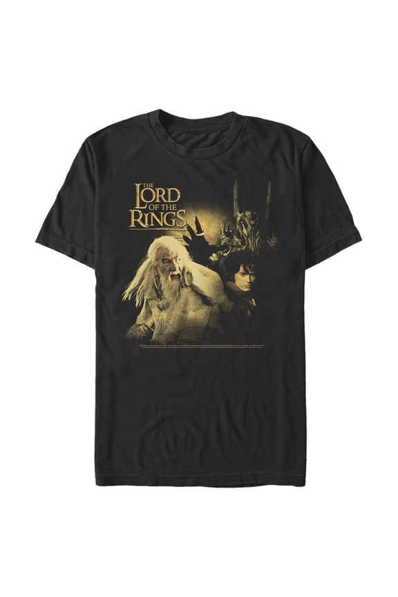 Men's The Lord of the Rings Fellowship of the Ring Gandalf Frodo and Sauron Logo Graphic Tee Black X Large