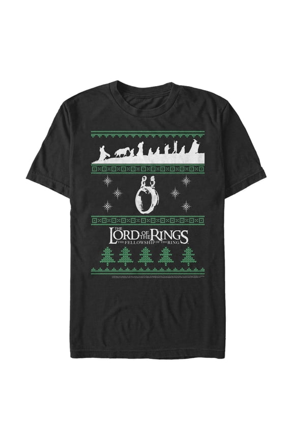 Men's The Lord of the Rings Fellowship of the Ring Christmas Sweater Graphic Tee Black Medium