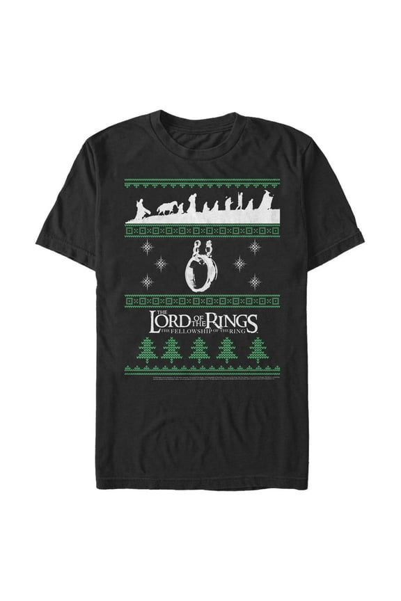 Men's The Lord of the Rings Fellowship of the Ring Christmas Sweater Graphic Tee Black X Large