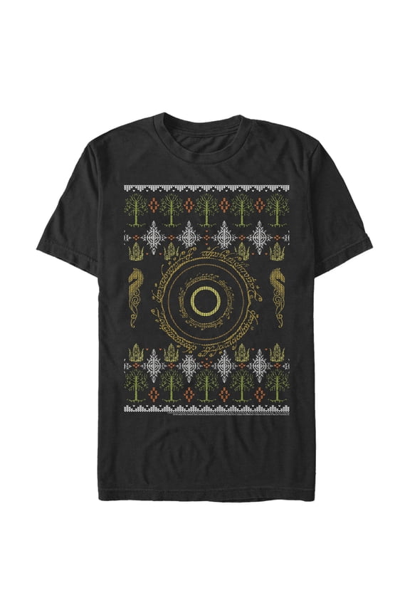 Men's The Lord of the Rings Fellowship of the Ring Christmas Sweater Ring Graphic Tee Black Large