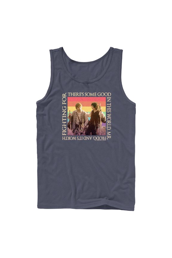 Men's The Lord of the Rings Fellowship of the Ring Frodo and Samwise There's Some Good Rainbow Tank Top Navy Blue Small