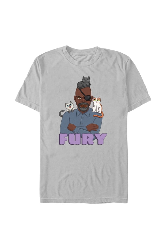 Men's The Marvels Nick Fury Cat Portrait Graphic Tee Silver Small