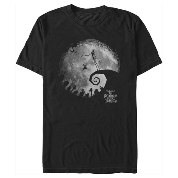 Men's The Nightmare Before Christmas Black and White Moon Scene Graphic Tee Black 3X Large