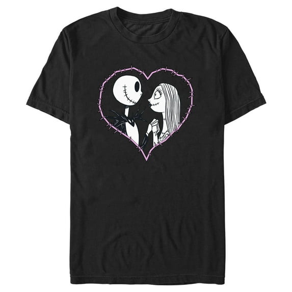 Men's The Nightmare Before Christmas Jack and Sally Pink Heart Stitch Graphic Tee Black 3X Large