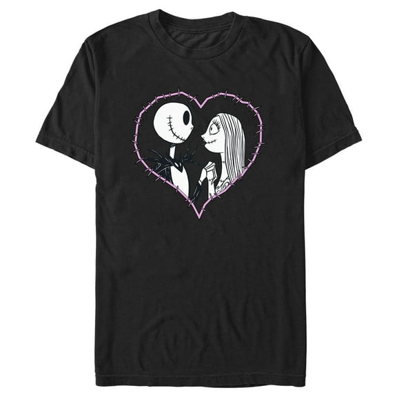 Men's The Nightmare Before Christmas Jack and Sally Pink Heart Stitch Graphic Tee Black Small