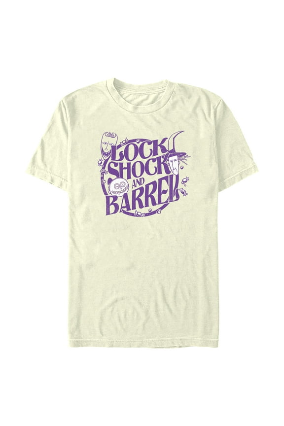 Men's The Nightmare Before Christmas Lock, Shock, and Barrel Purple Circle Graphic Tee Beige Small