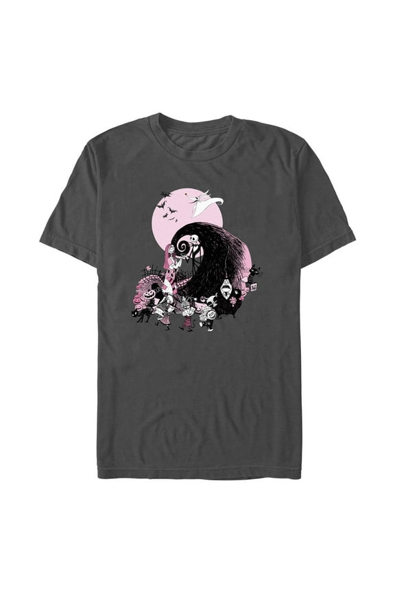 Men's The Nightmare Before Christmas Pink Group Scene Graphic Tee Charcoal 2X Large