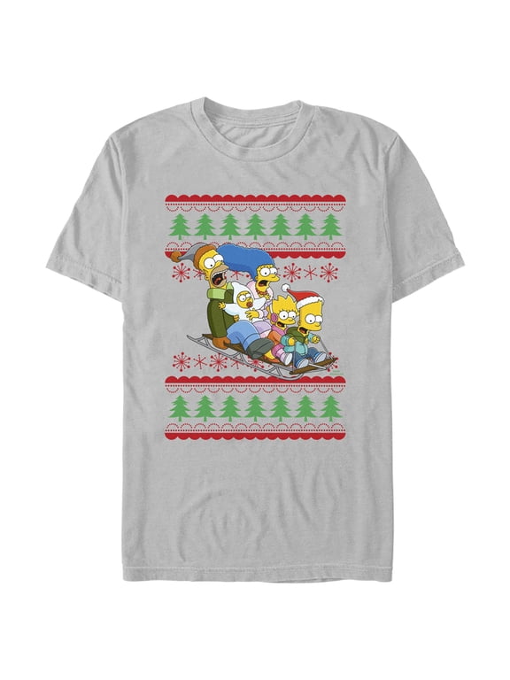 Men's The Simpsons Christmas Family Sledding Adventure Graphic Tee Silver Medium