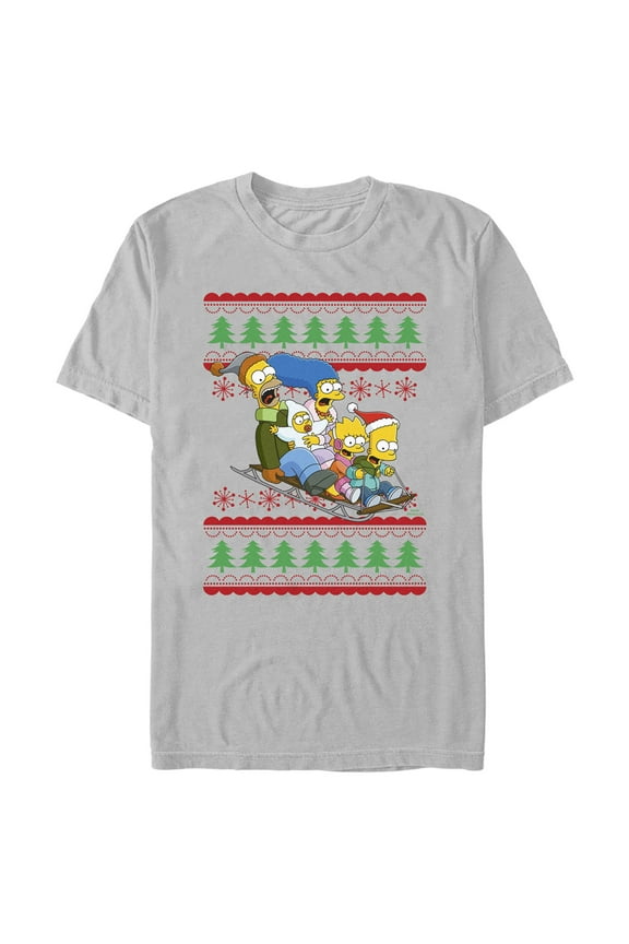 Men's The Simpsons Christmas Family Sledding Adventure Graphic Tee Silver Medium