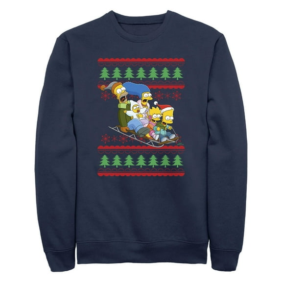Men's The Simpsons Christmas Family Sledding Adventure  Sweatshirt Navy Blue 2X Large