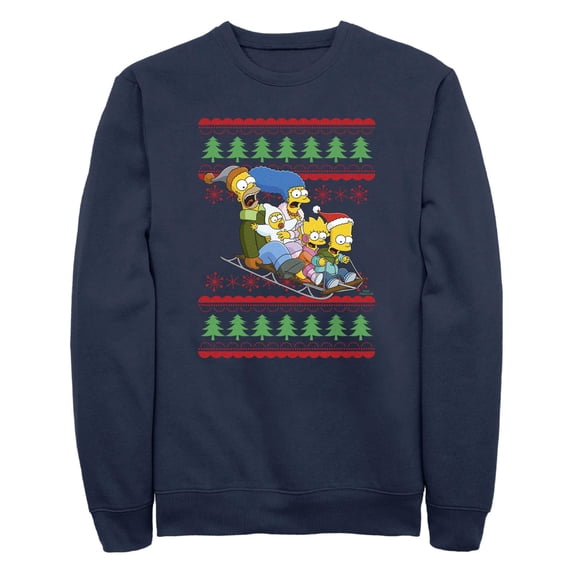 Men's The Simpsons Christmas Family Sledding Adventure Sweatshirt Navy Blue Large