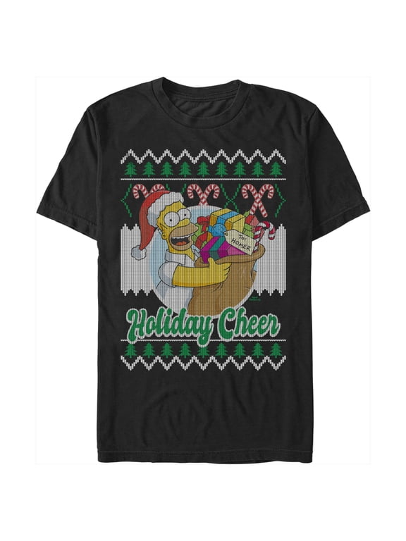 Men's The Simpsons Christmas Homer Holiday Cheer Sweater Print Graphic Tee Black Large