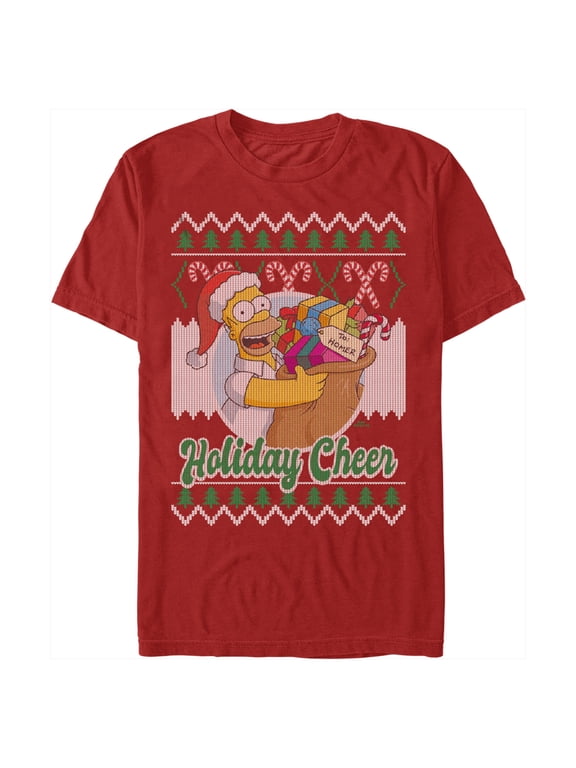 Men's The Simpsons Christmas Homer Holiday Cheer Sweater Print Graphic Tee Red 3X Large