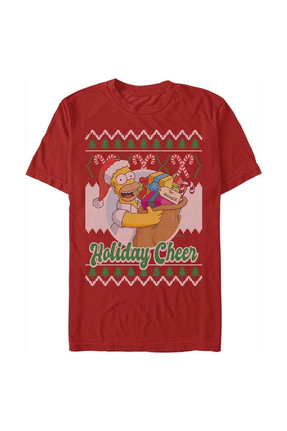 Men's The Simpsons Christmas Homer Holiday Cheer Sweater Print Graphic Tee Red Large