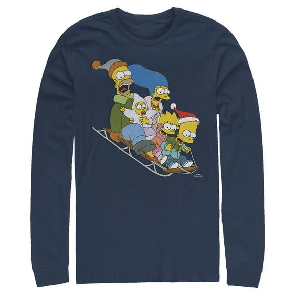 Men's The Simpsons Distressed Family Gone Sledding  Long Sleeve Shirt Navy Blue 2X Large