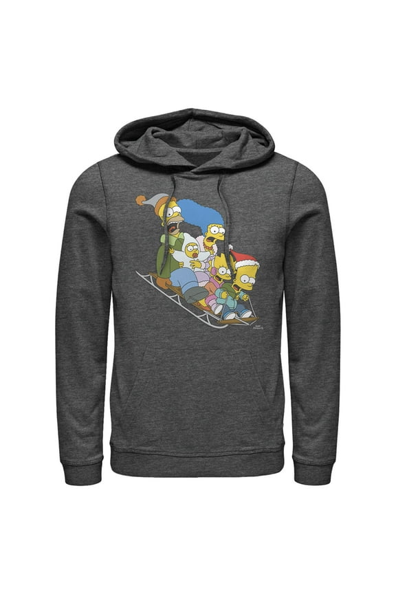 Men's The Simpsons Distressed Family Gone Sledding Pull Over Hoodie Charcoal Heather X Large