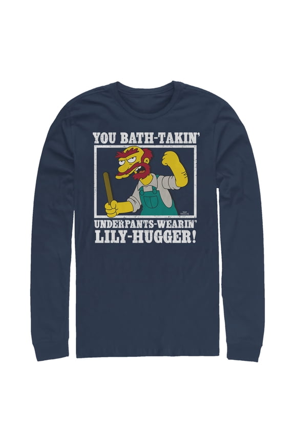 Men's The Simpsons Groundskeeper Willie Quote Long Sleeve Shirt Navy Blue Small