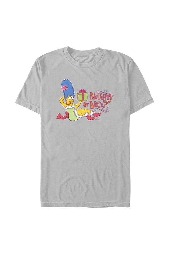 Men's The Simpsons Marge Naughty or Nice Graphic Tee Silver Large
